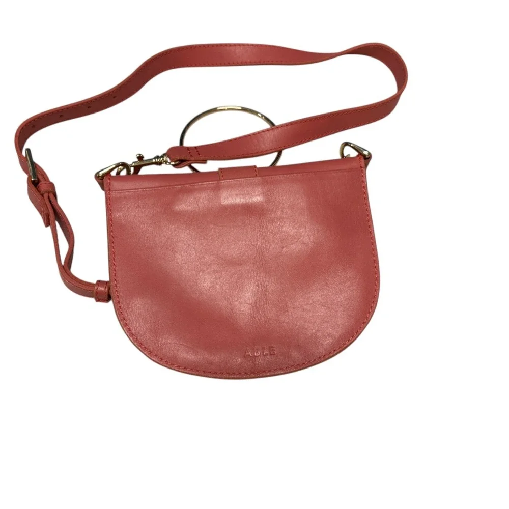 ABLE Leather Crossbody Bag Circle Handle Adjustable Strap Coral Pink